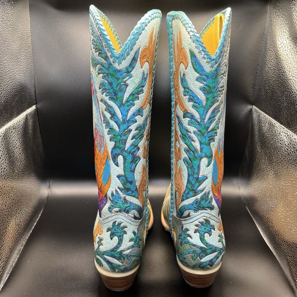Carrie Cameron Peacock Boots Women's 8.5B Hand Tooled Painted Leather Western - Picture 7 of 16